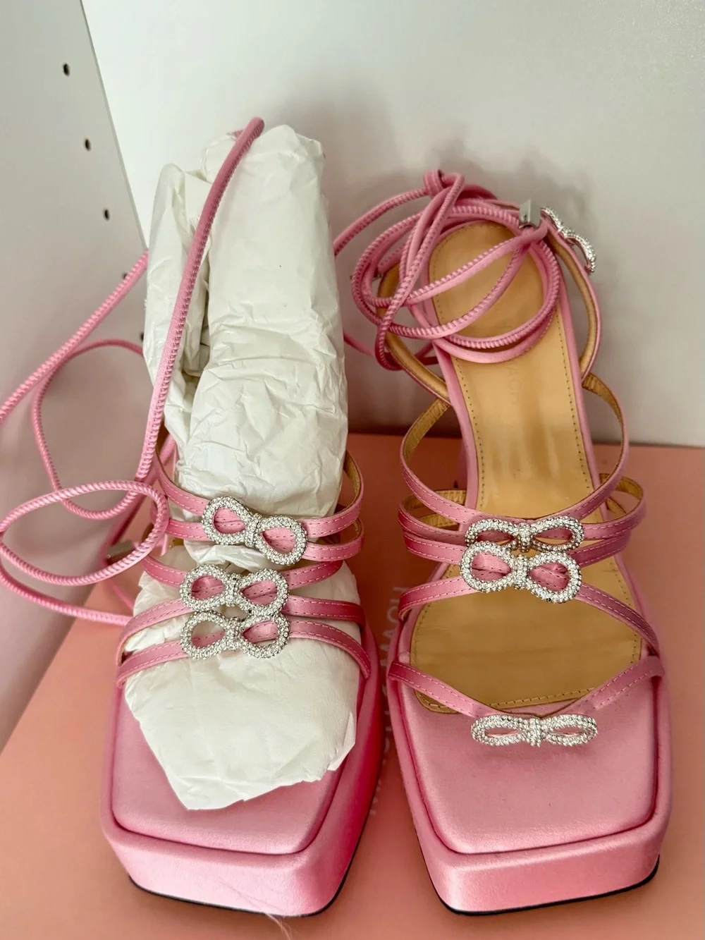 Mach & Mach Pink Satin Double Bow Crystal Embellished Platform Sandals size 38
